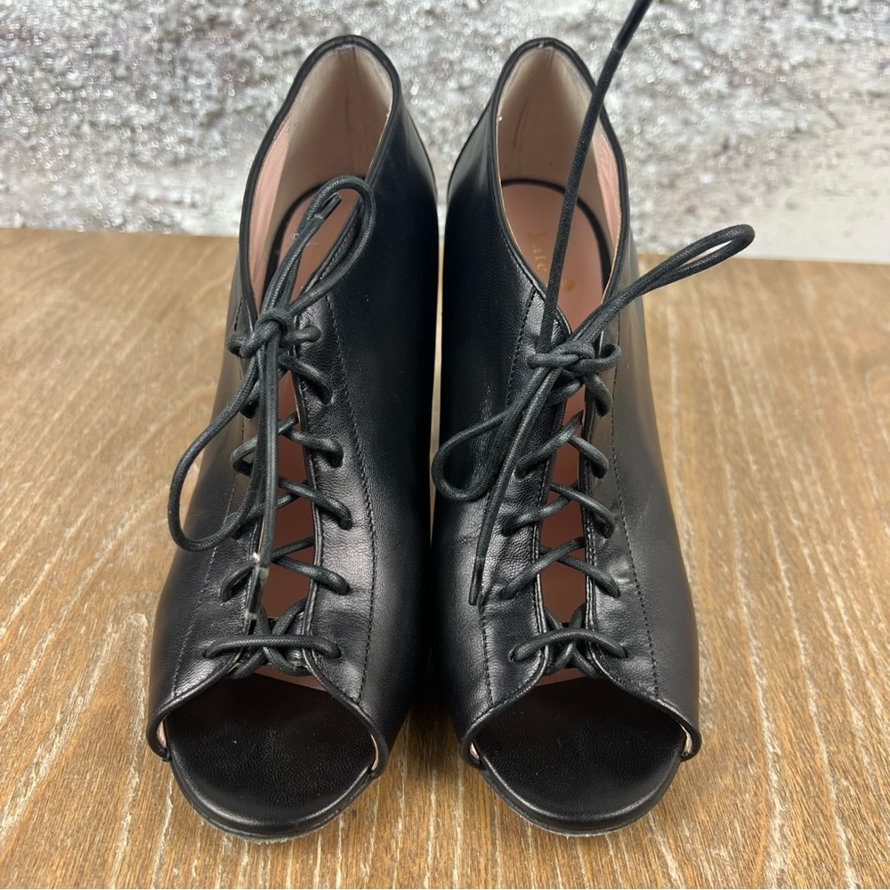 547 Kate Spade Inella Black Leather Lace-Up Peep-Toe Block Heel Shoe 6.5